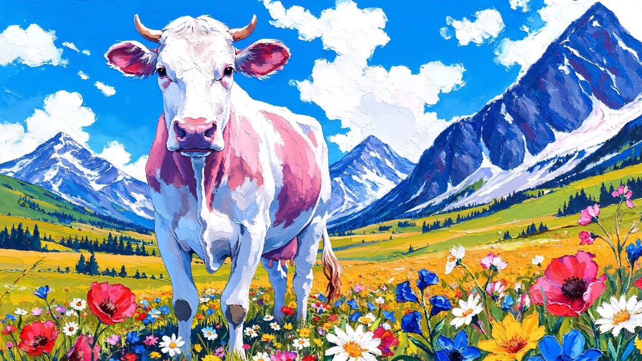 Oil painting of a white cow with pink spots in a green flower meadow below jagged mountain peaks