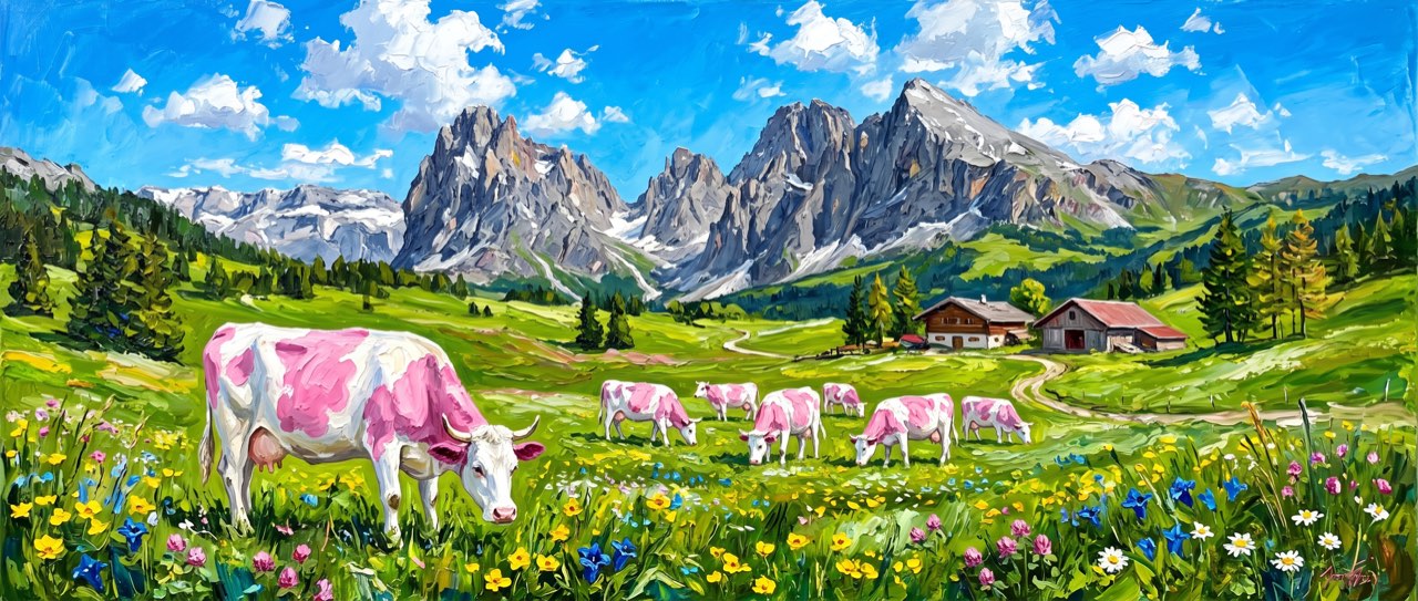 Oil painting of white cows with pink spots grazing a bright alpine valley