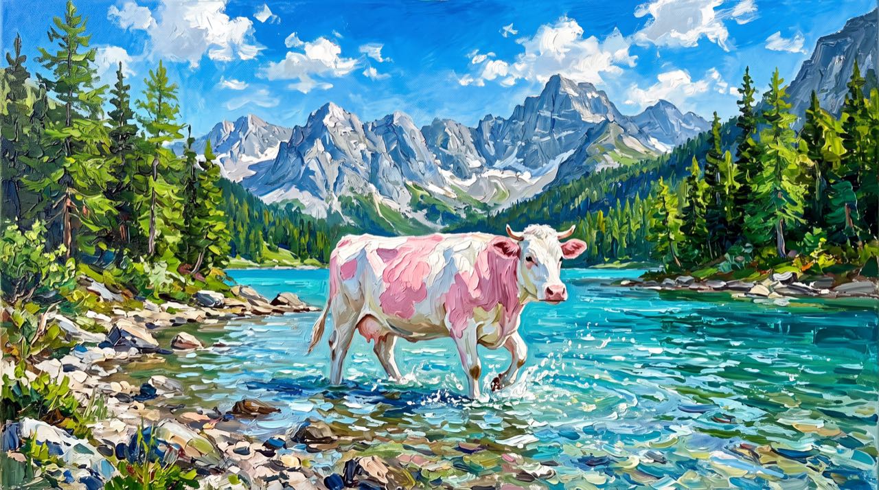 Oil painting of a white cow with pink spots wading at the edge of a bright mountain lake