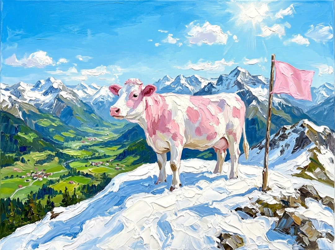 Oil painting of a white cow with pink spots standing on a snowy summit beside a planted pink flag, blue sky behind