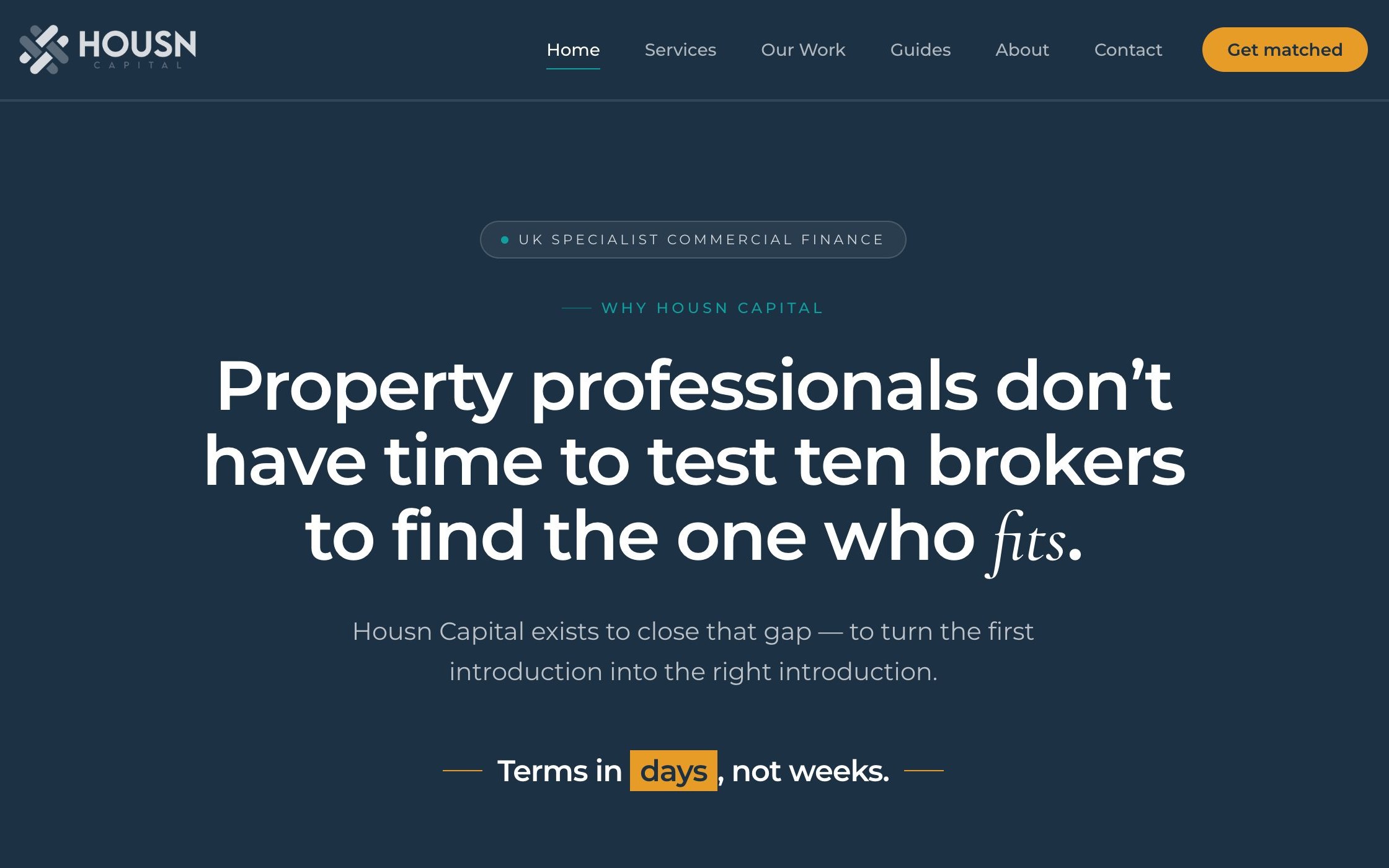 Screenshot of the Housn Capital lending website home page, showing the headline and the enquiry form
