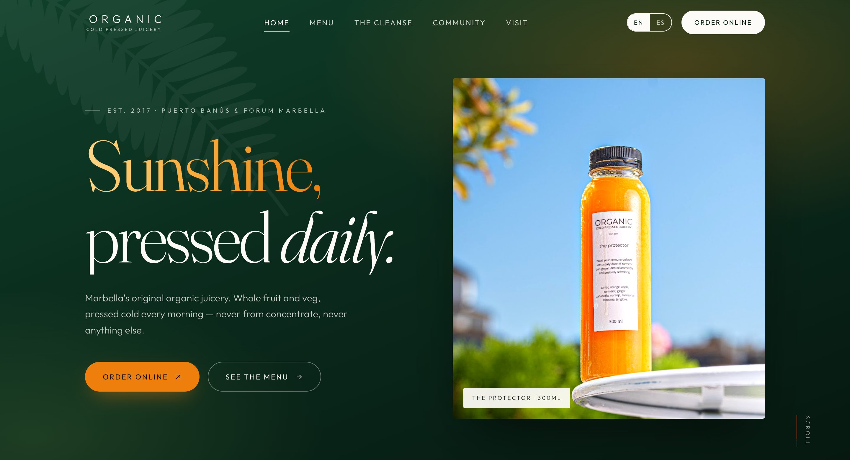 Screenshot of the Organic Cold-Pressed Juicery website home page, showing the juice-bottle photography and the order button